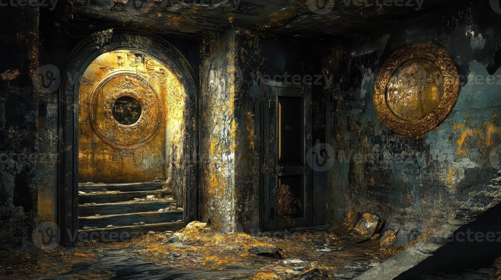 Ornate door leads to an eroded staircase in a ruin photo