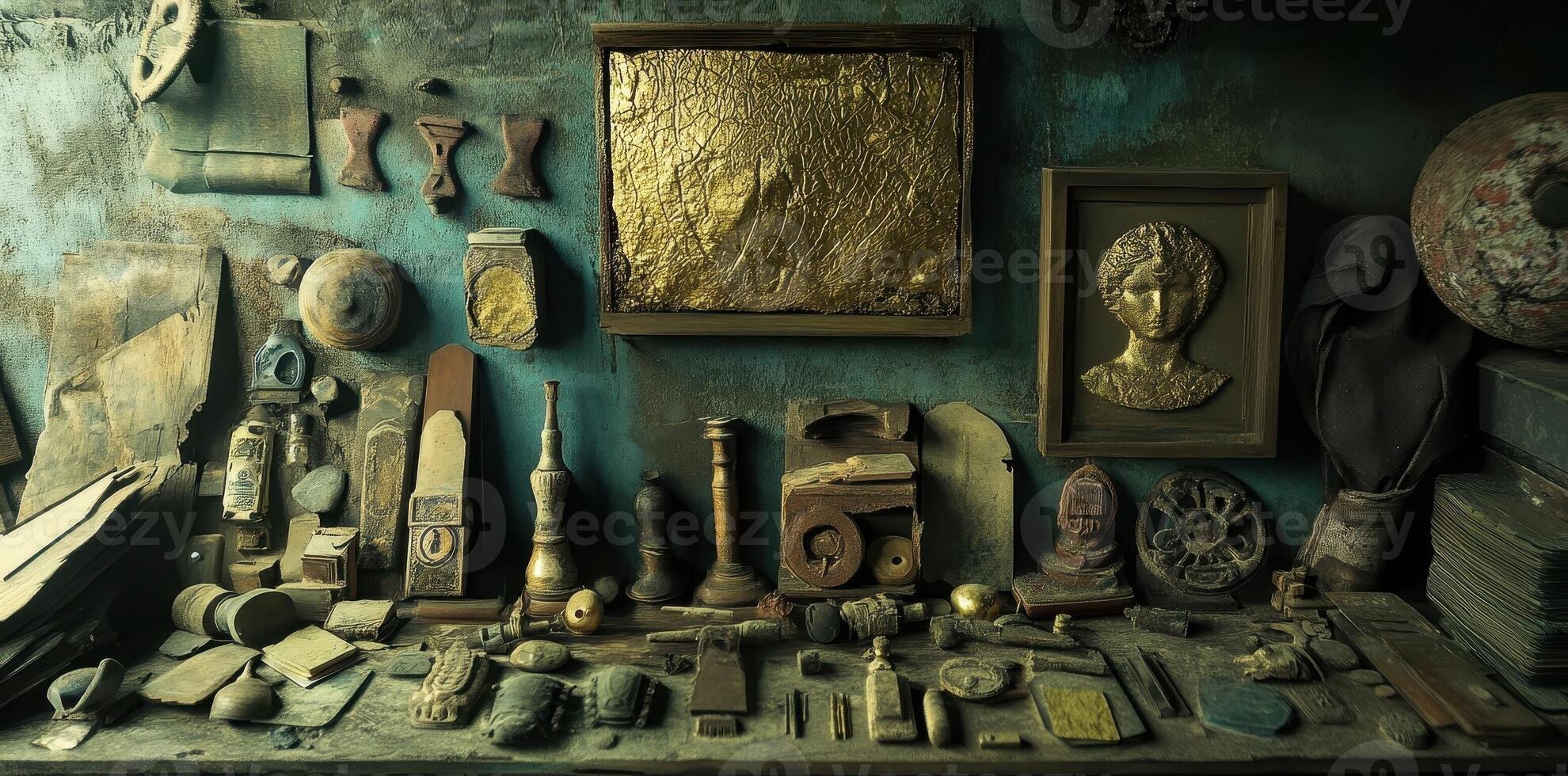 Collection of gilded artifacts and assorted objects on a table photo