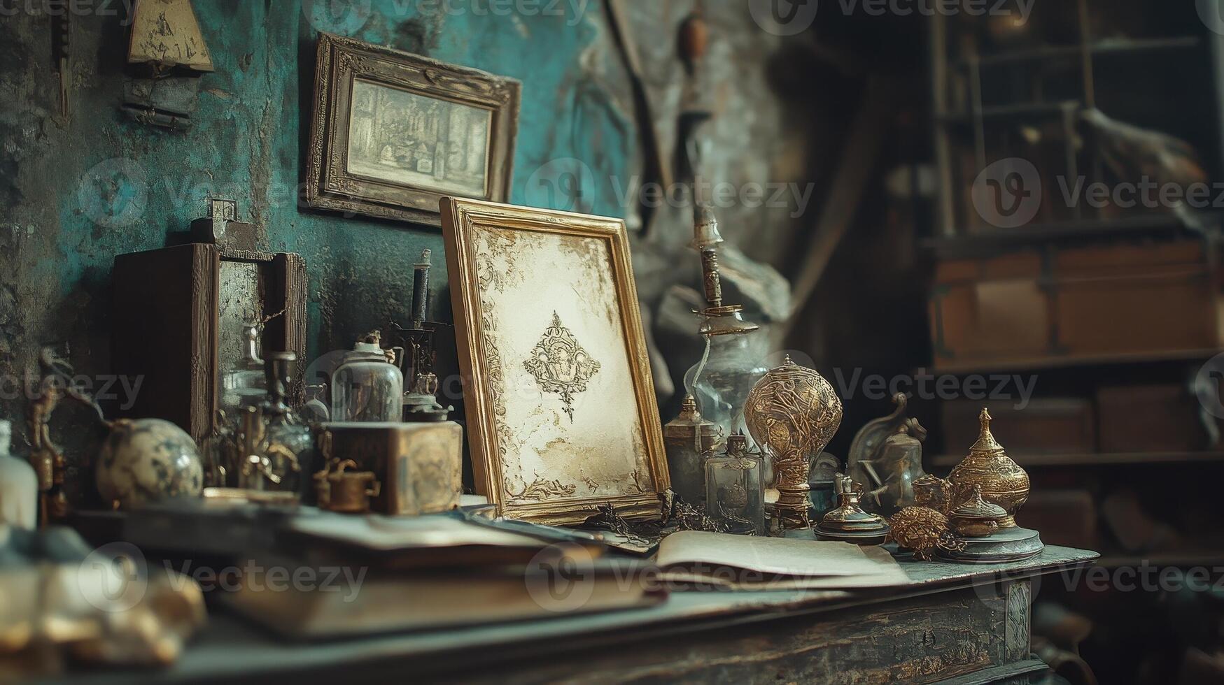 Still life of vintage objects with ornate frames displayed photo