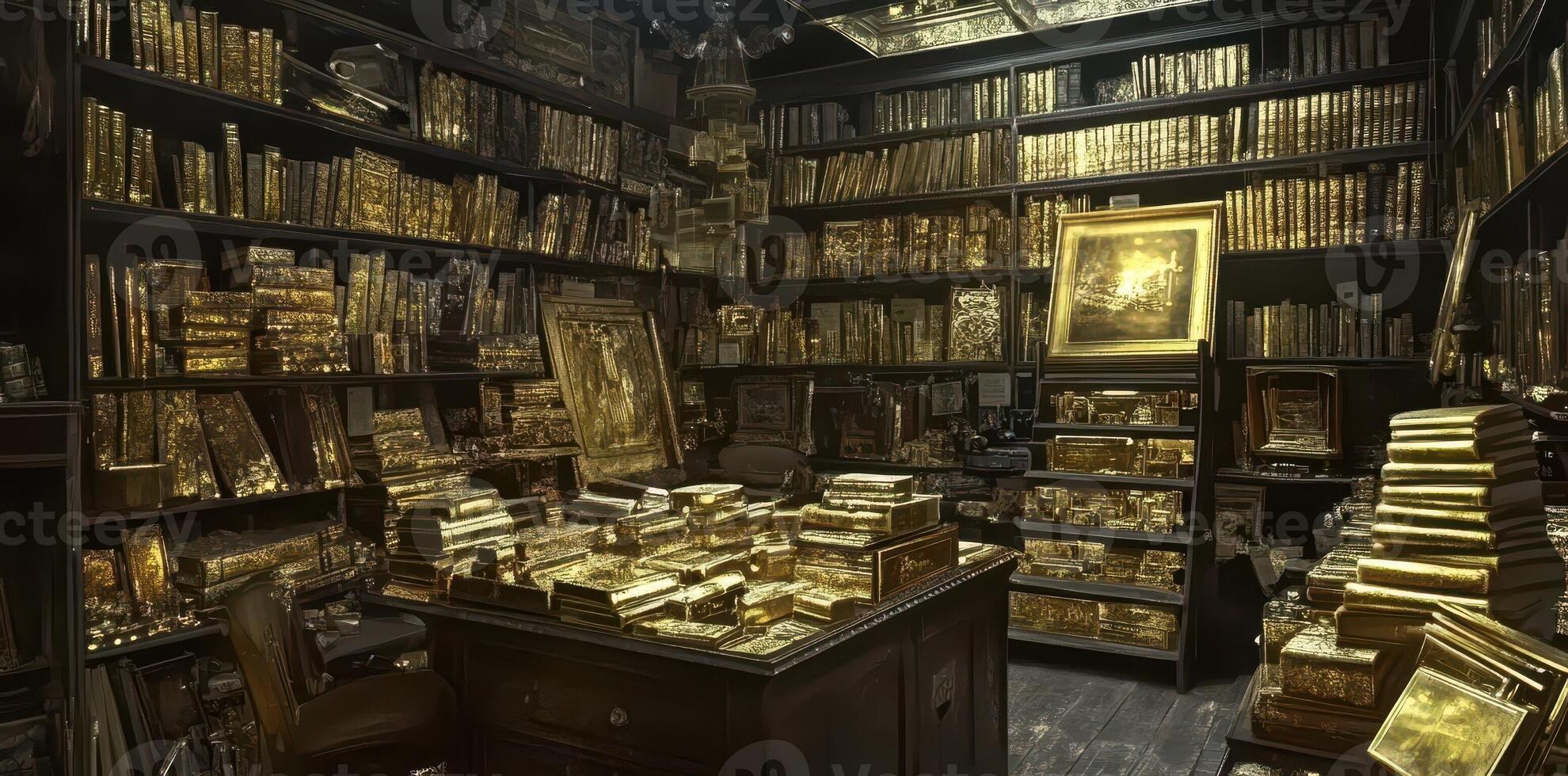 A library filled with books and boxes covered in gold photo