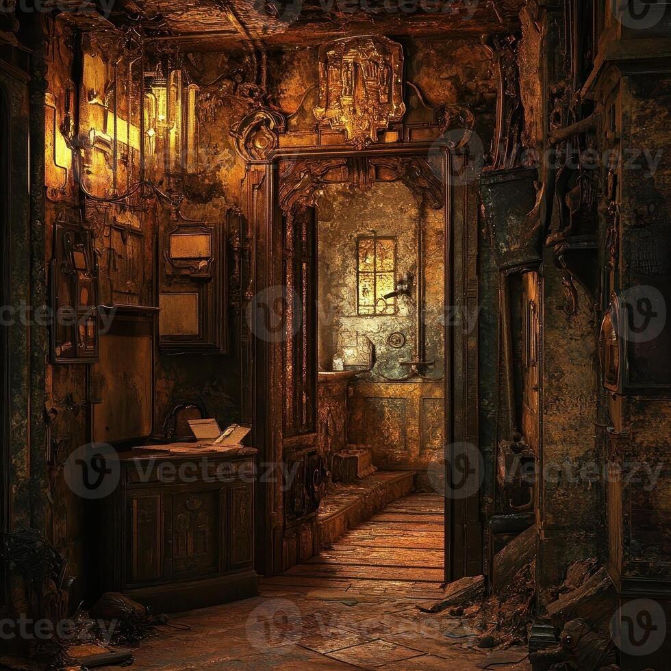 Dimly lit ornate hallway with doorway into another room photo