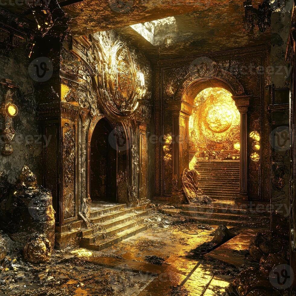 Ornate golden temple interior with arches and light streaming photo