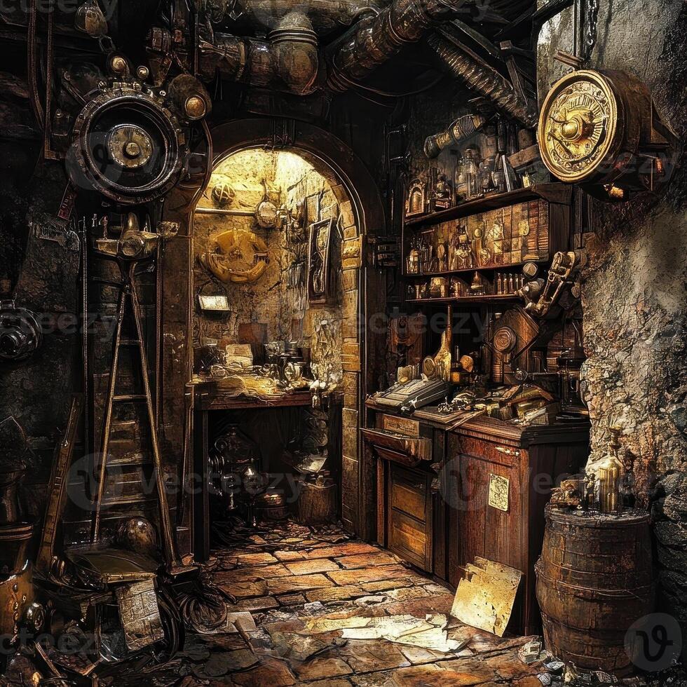Steampunk laboratory filled with intricate devices and mysterious artifacts photo