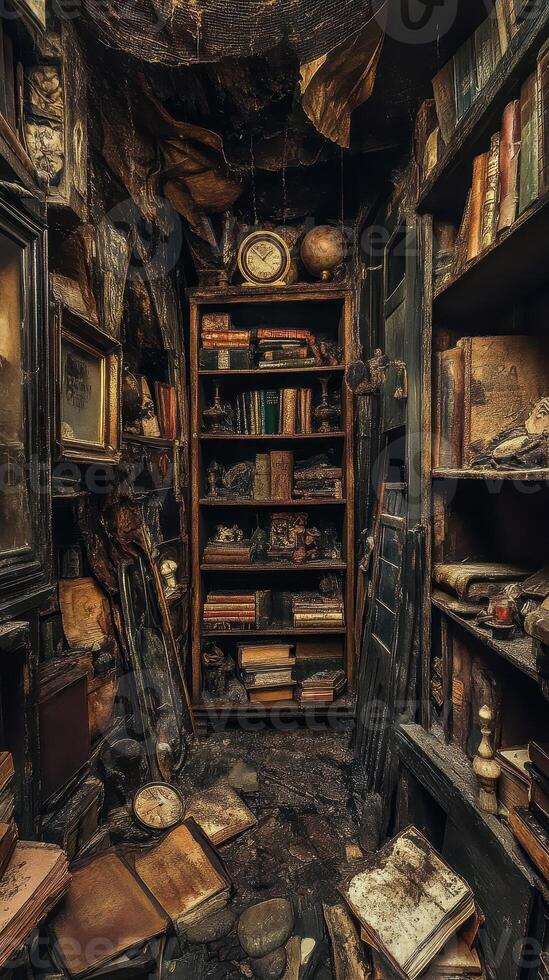 A dimly lit antique bookstore overflows with dusty old books photo
