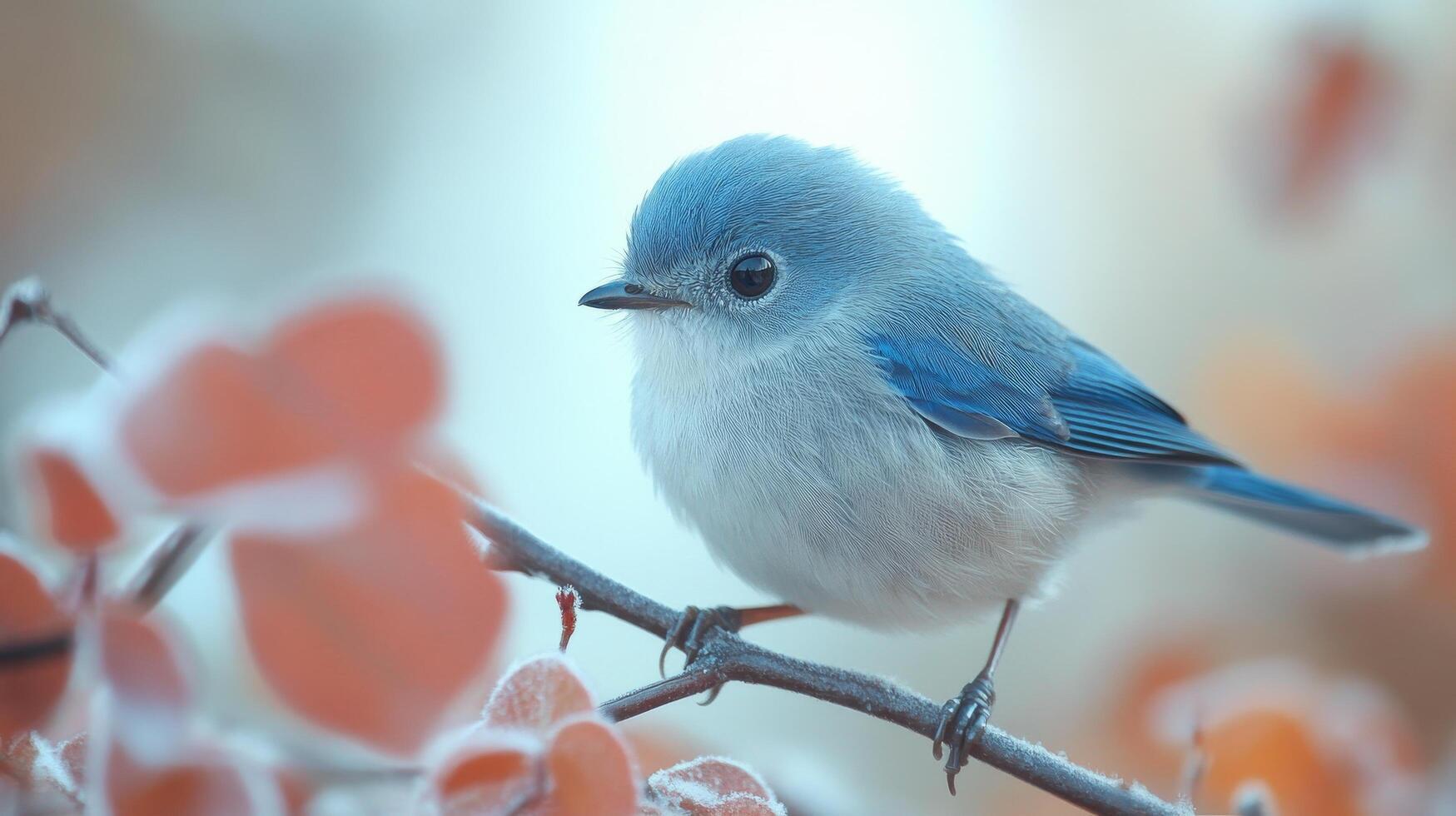 A blue bird sitting on a branch with red leaves photo