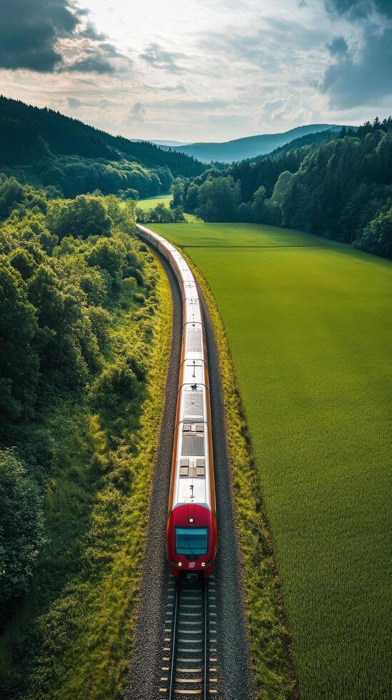 A train traveling through a lush green field photo
