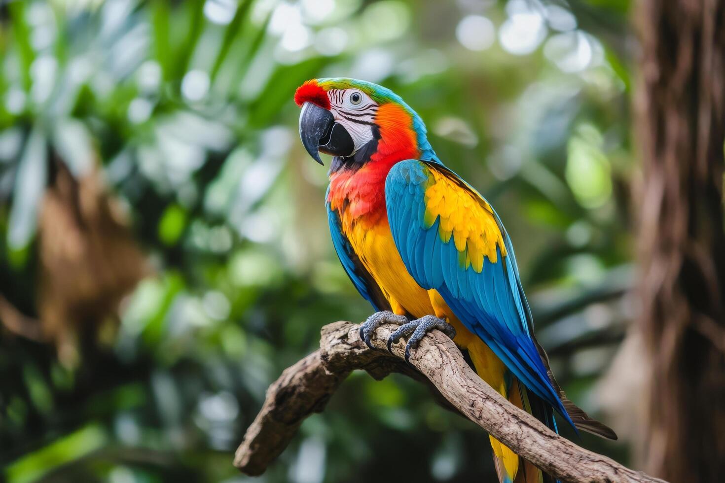 A colorful parrot sits on a branch in the jungle photo