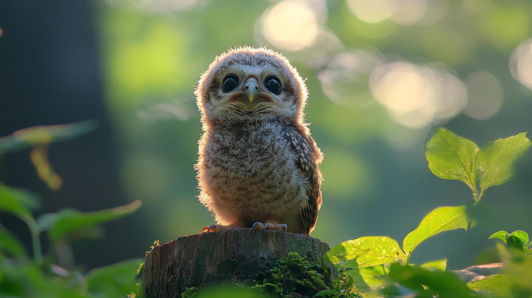 A baby owl is sitting on a stump in the woods photo