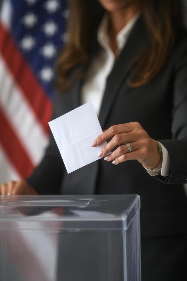 A professional woman speaks at a podium with an American flag backdrop at a public event photo