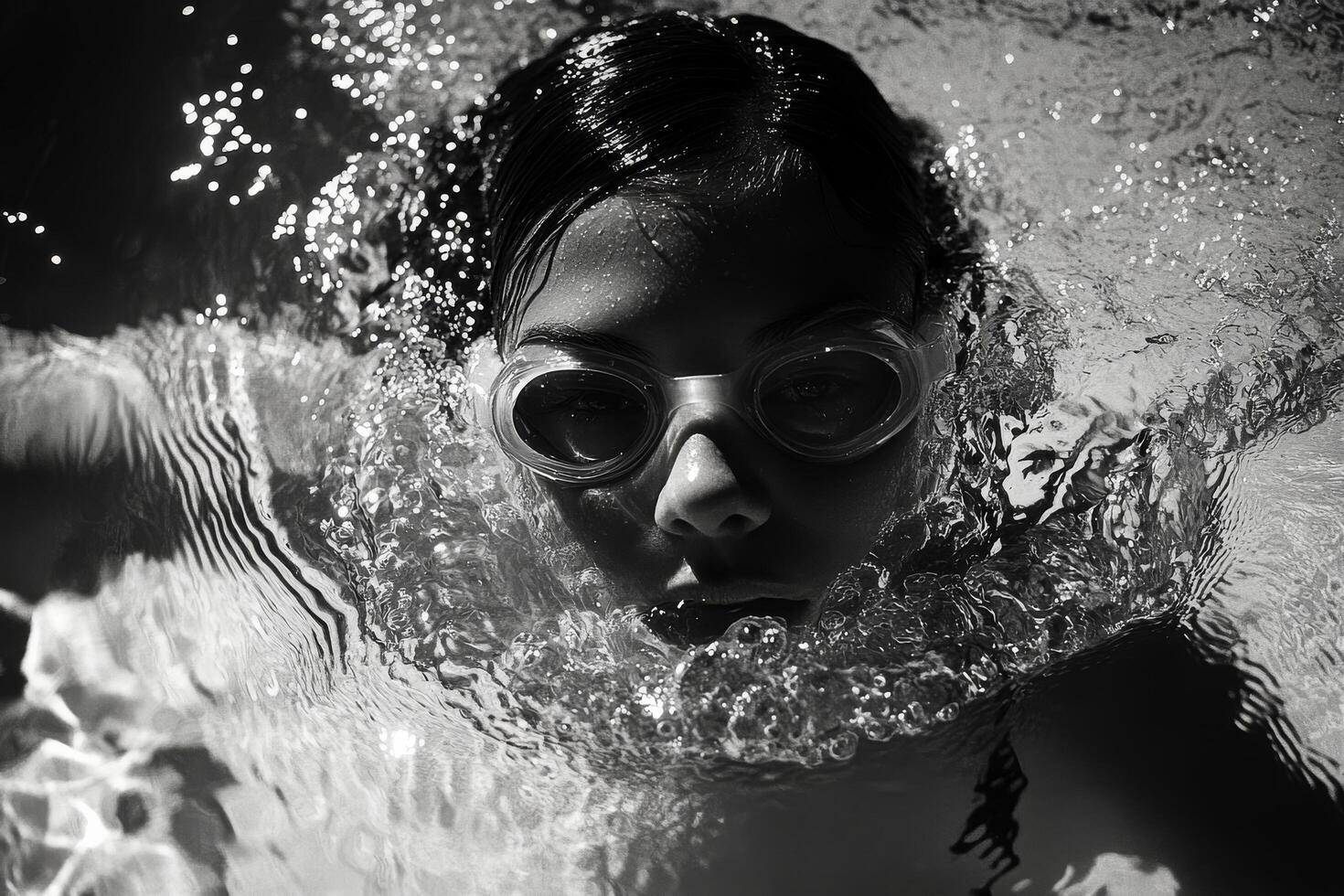 A black and white photo of a woman wearing goggles