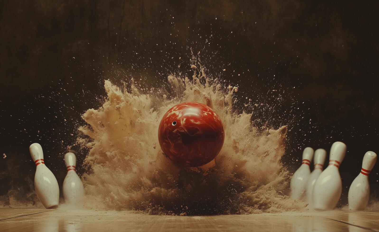 Bowler launches ball towards pins creating a splash at a bowling alley during a lively game photo