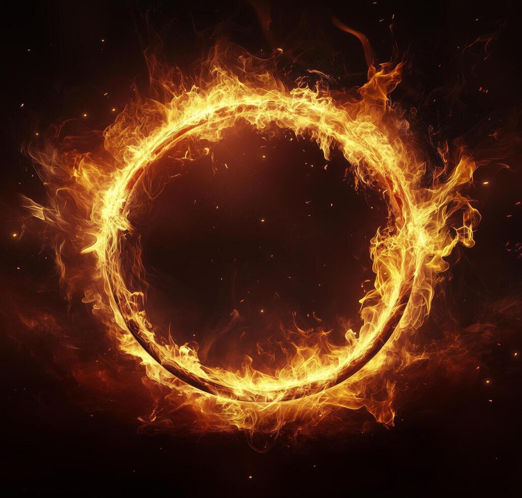 Bright orange flames forming a circular shape with a dark background and glowing sparks at night photo