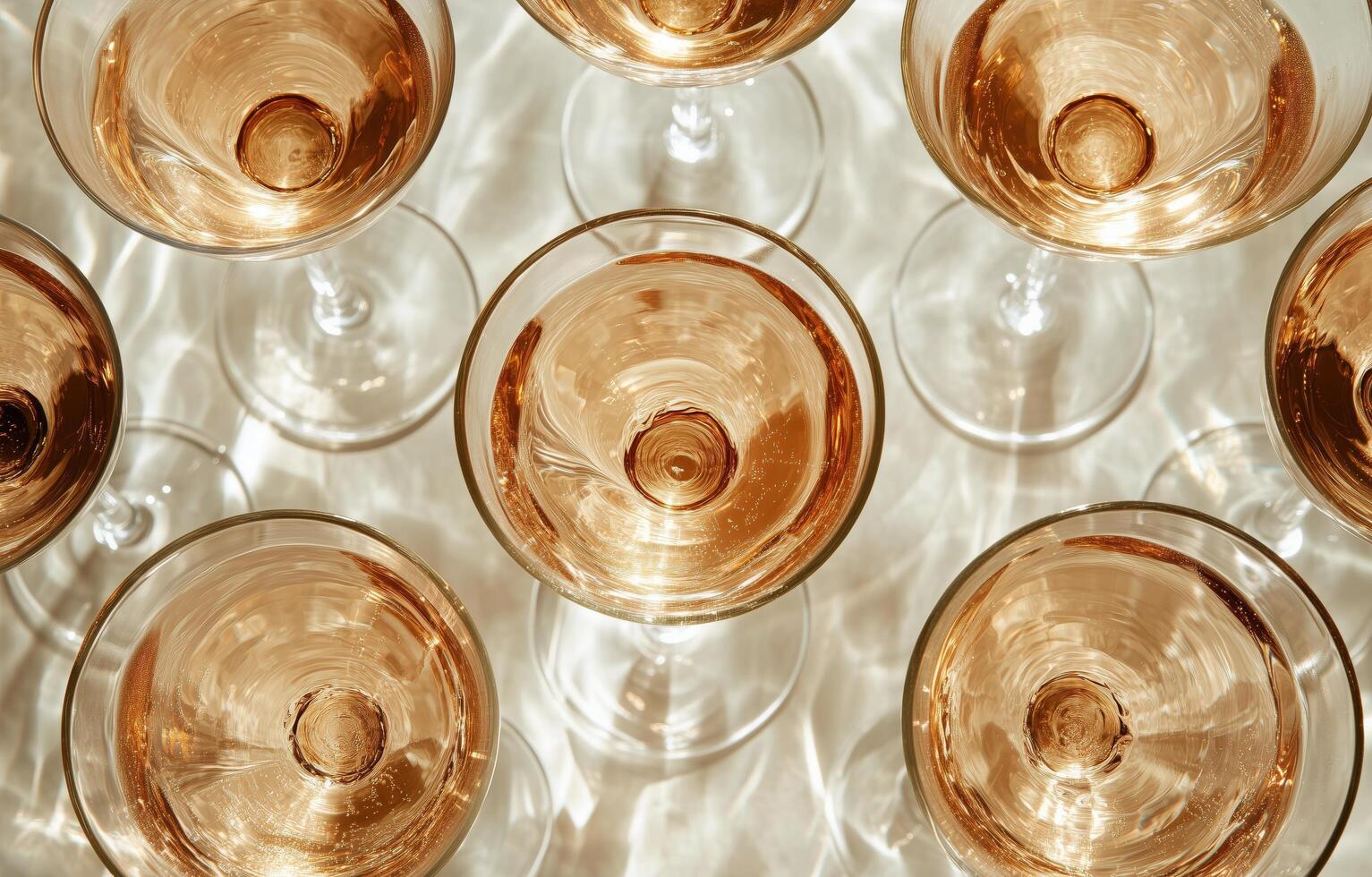 Elegant arrangement of rose wine glasses on a reflective surface for a special gathering celebration photo