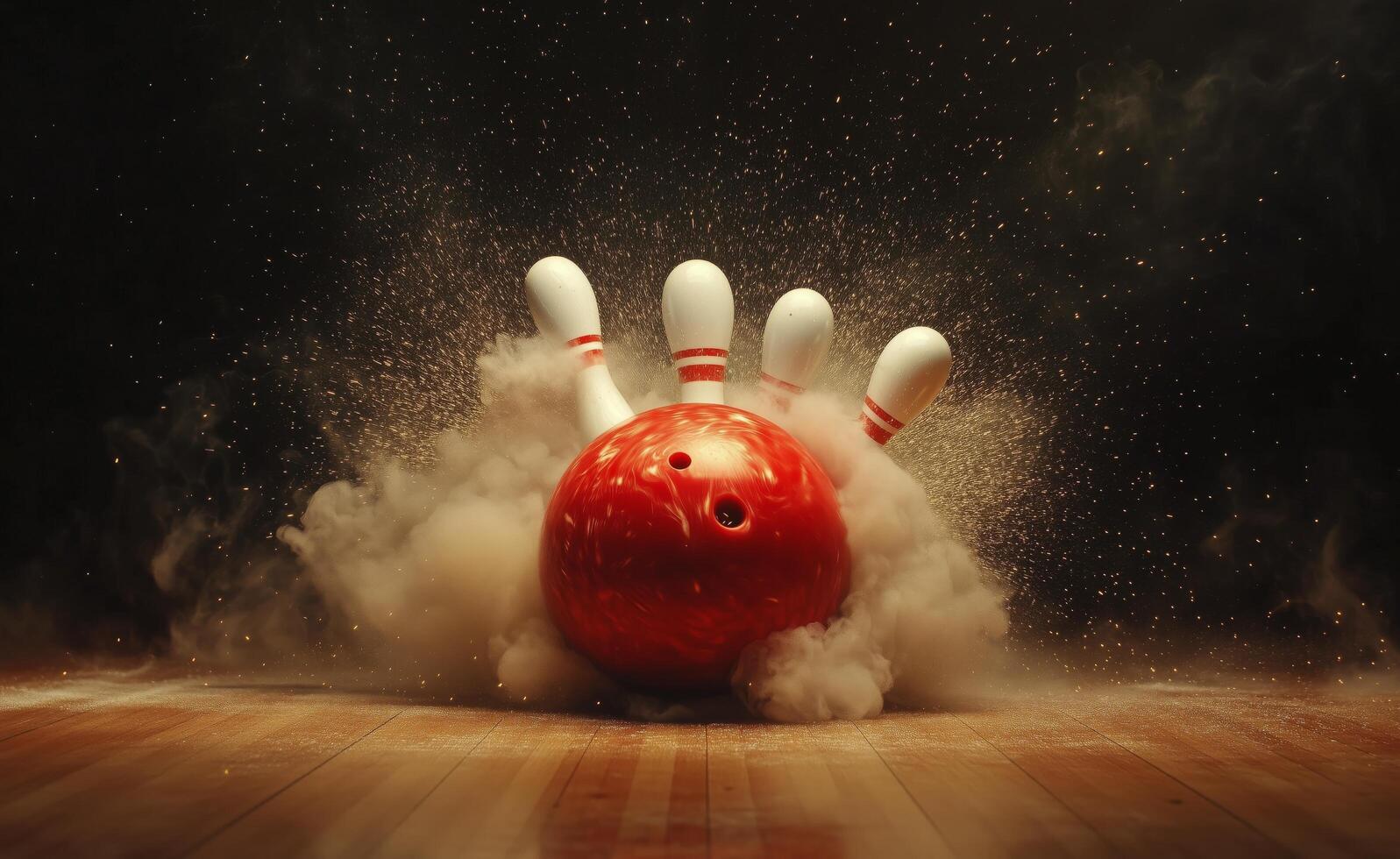 Bowling ball strikes pins creating a cloud of dust in a bowling alley during late evening hours photo