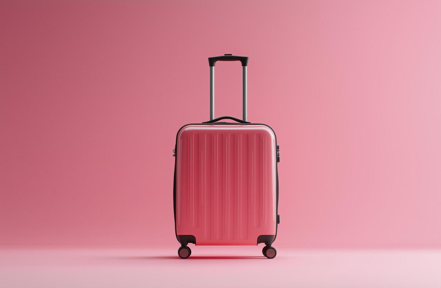 Stylish pink suitcase ready for travel against a vibrant pink background photo