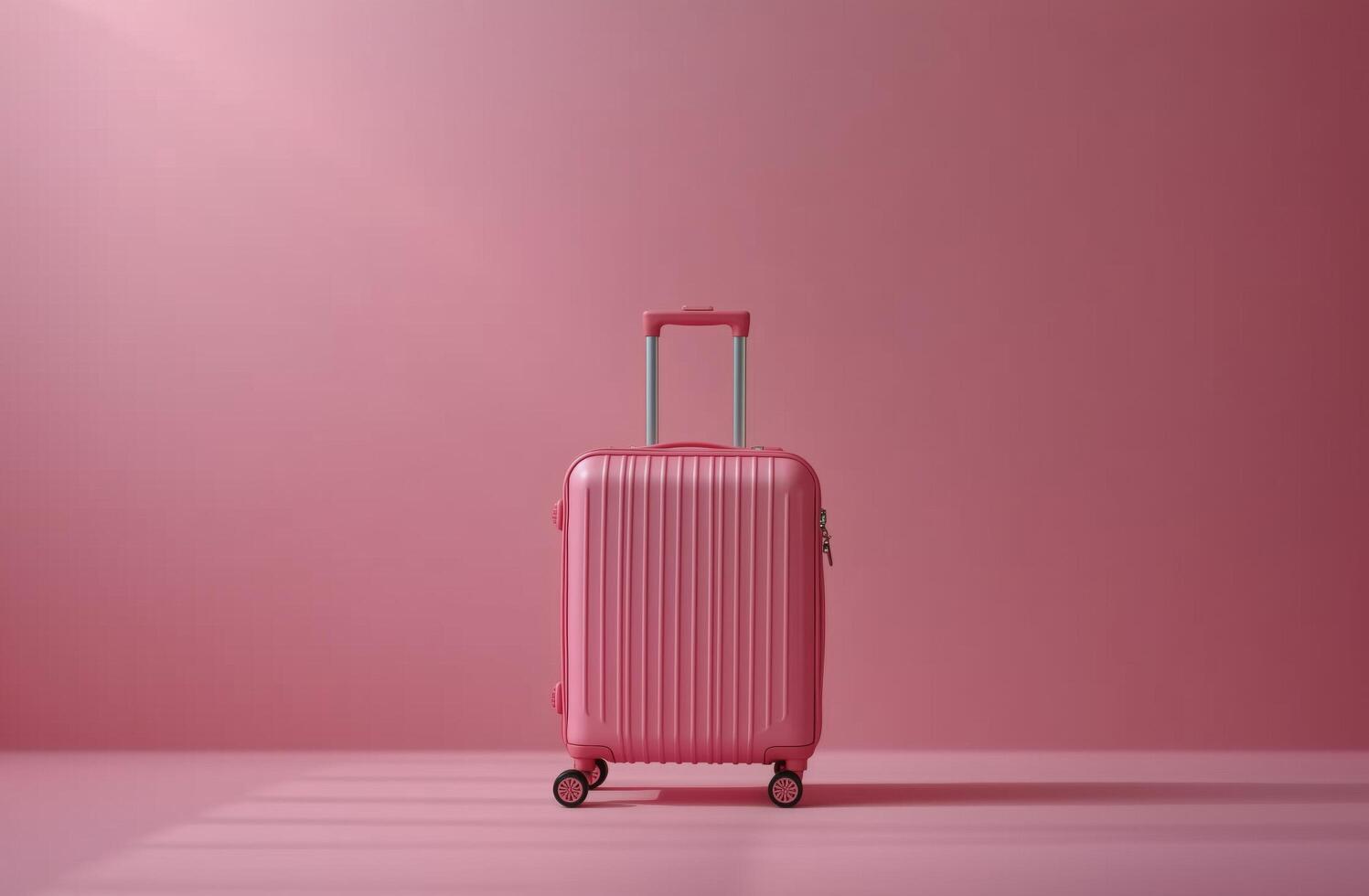 Colorful pink suitcase stands alone on a pastel background in a minimalistic setting photo