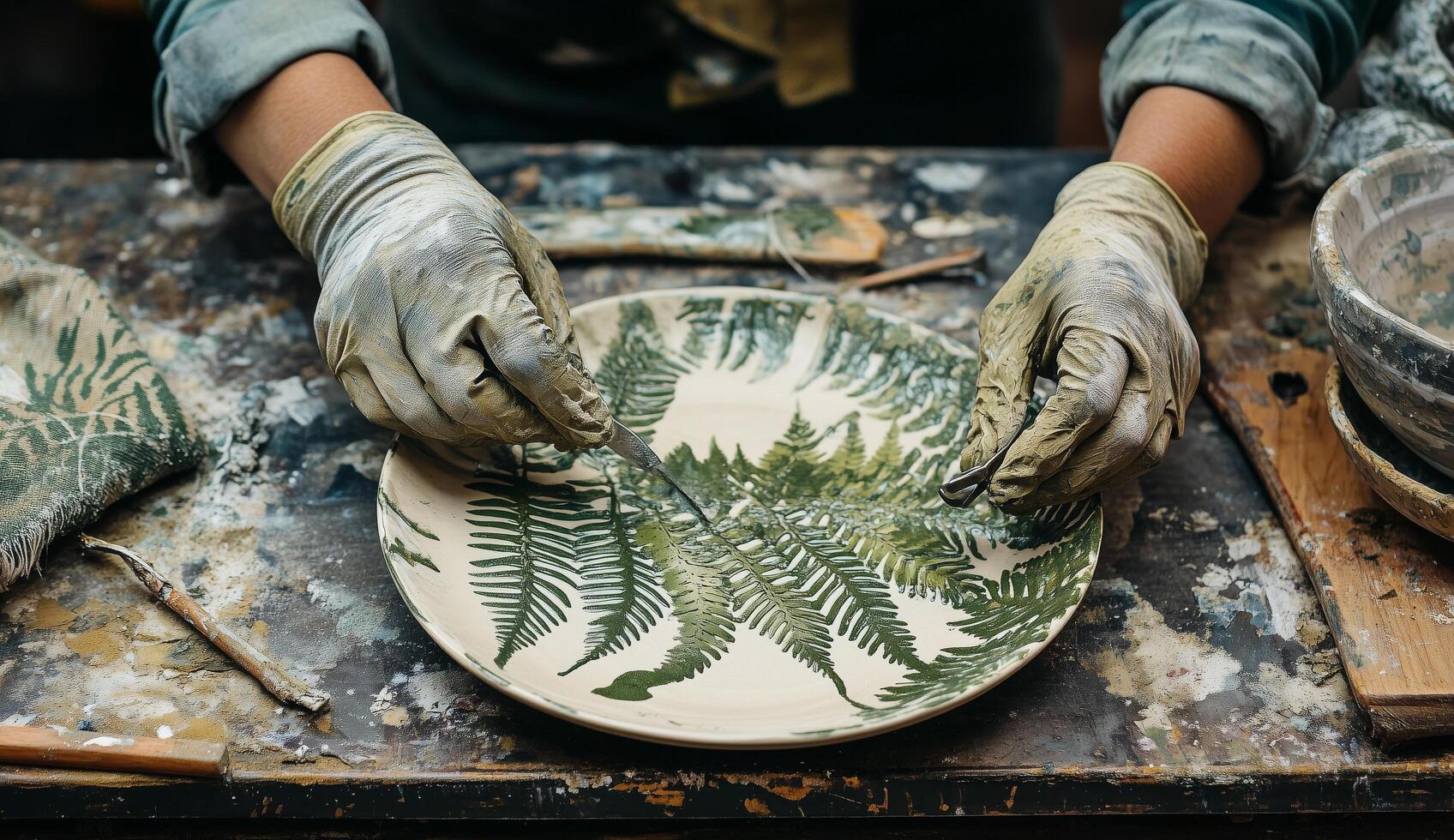 Creating a nature-inspired plate with fern design using traditional pottery techniques photo