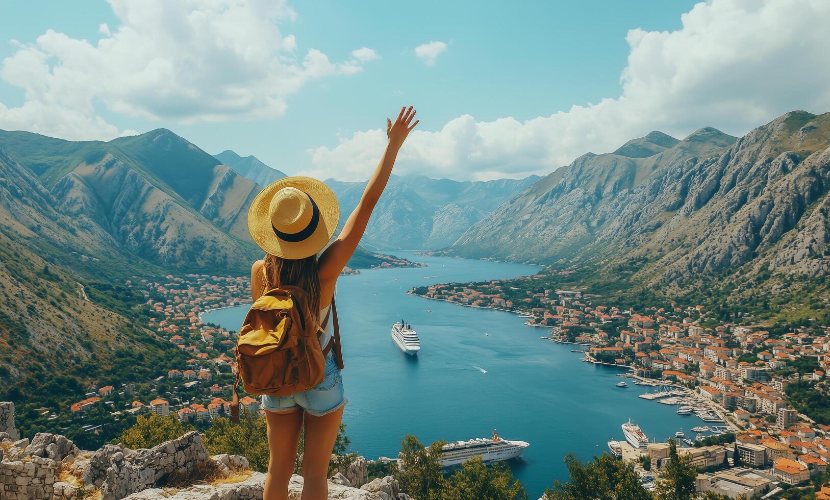 Breathtaking view of a woman waving from a mountain overlooking Kotor Bay in Montenegro on a sunny day photo