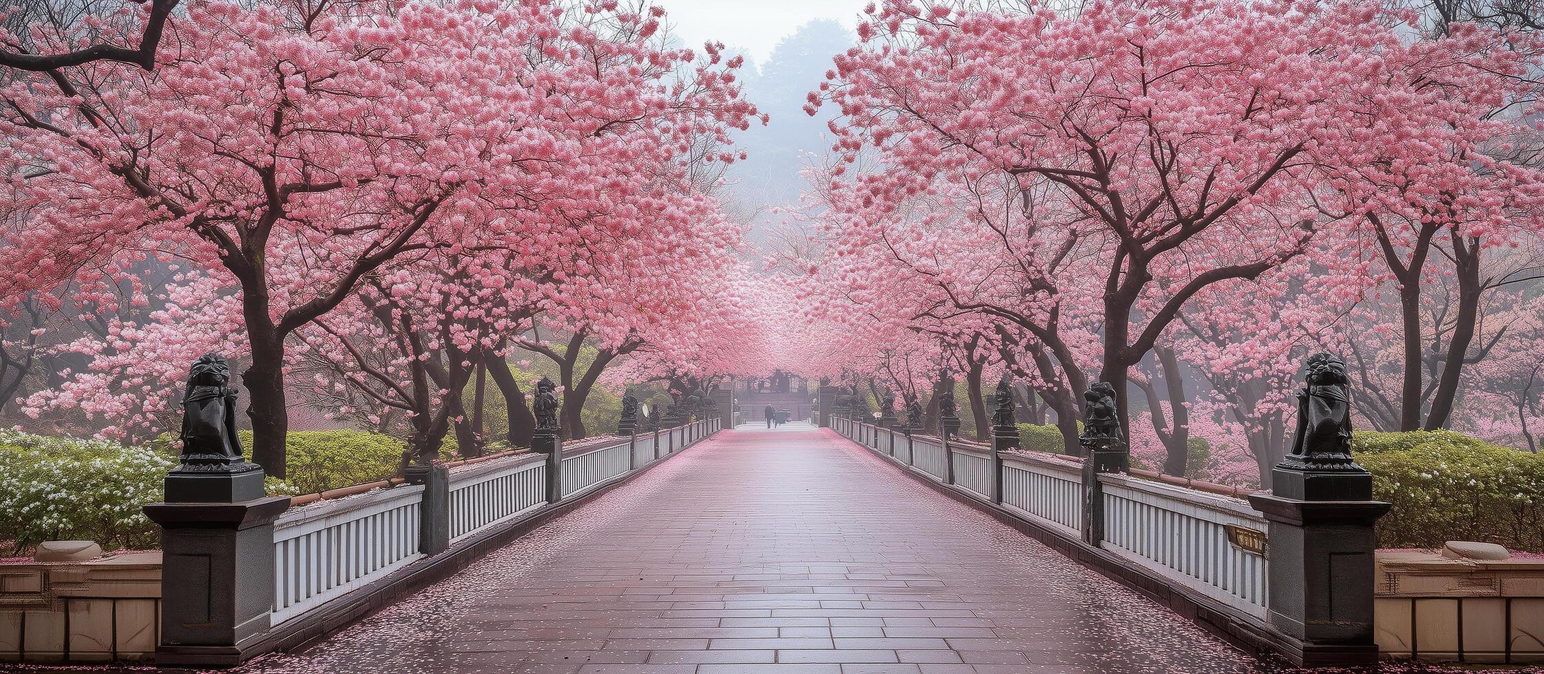 Stunning cherry blossom path in spring surrounded by pink trees photo