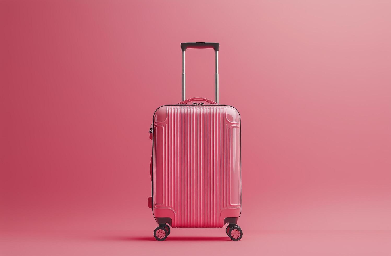 Bright pink suitcase on a soft pink background showcasing modern travel essentials photo