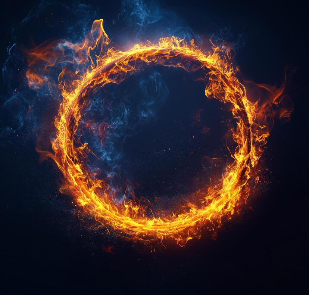 Dynamic ring of fire with swirling smoke in a dark setting photo