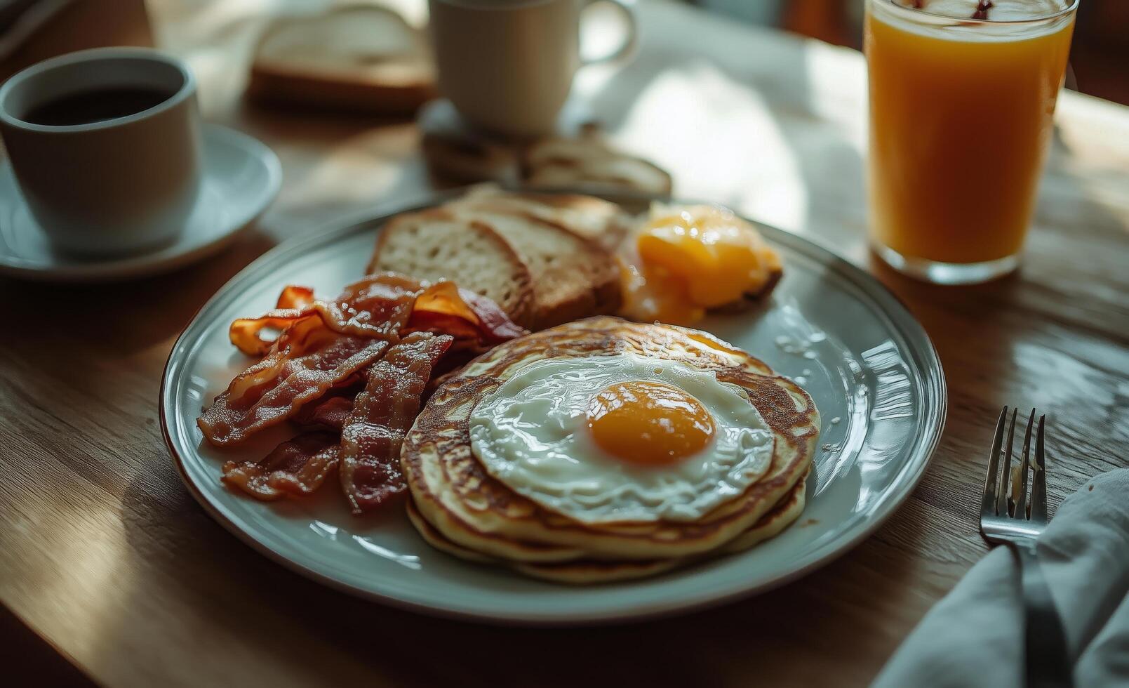 Breakfast spread featuring pancakes, bacon, and fresh juice served at a cozy caf setting photo