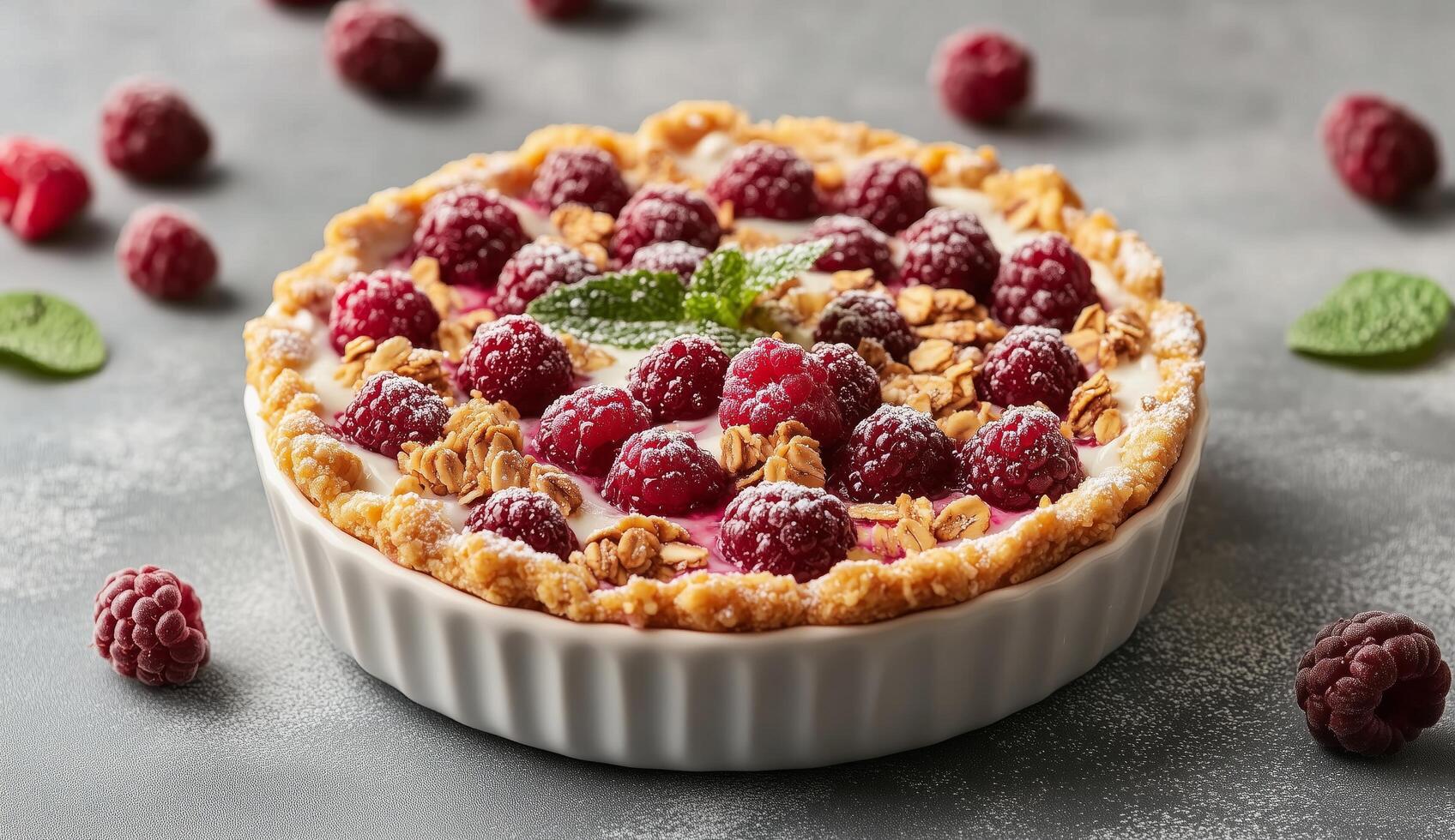 Delicious raspberry pie topped with granola and mint on a neutral grey background photo