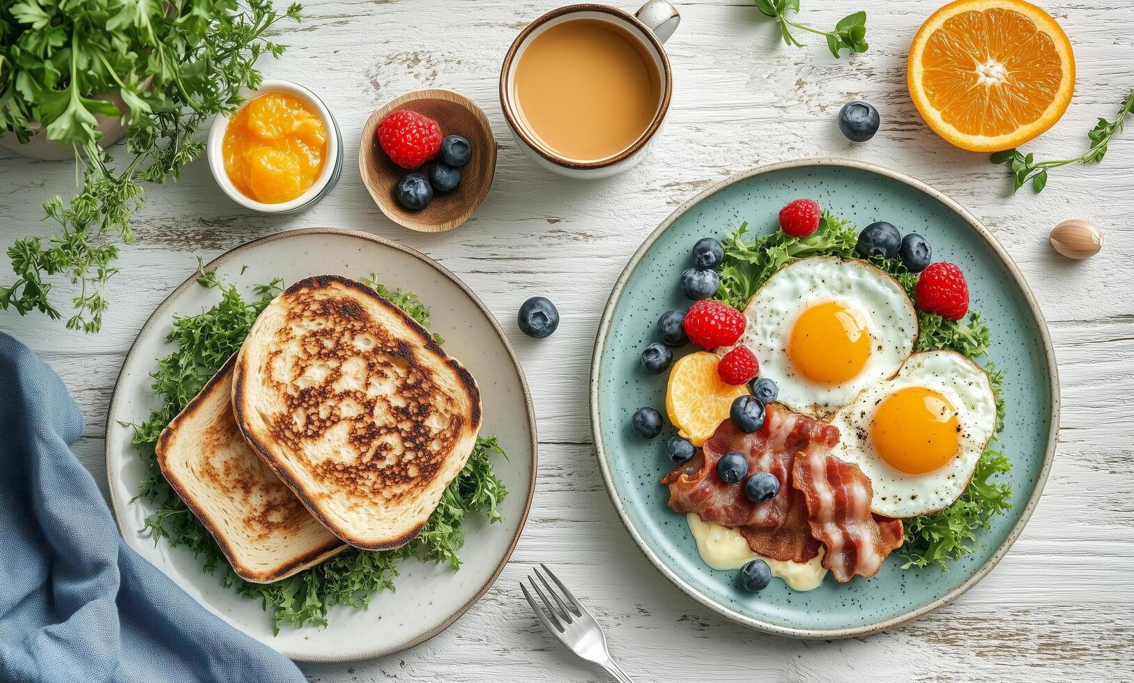 Breakfast spread with eggs, bacon, toast, and fresh fruit on a wooden table photo