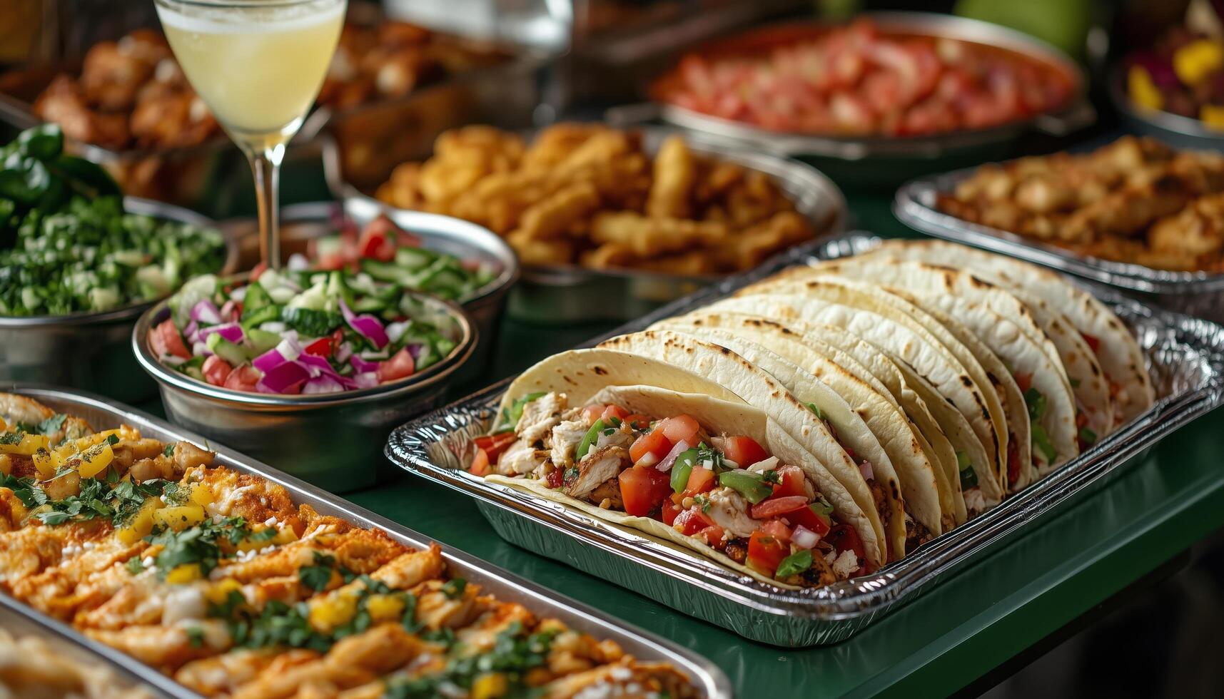 Delicious spread of tacos and traditional dishes at a vibrant food gathering in the evening photo