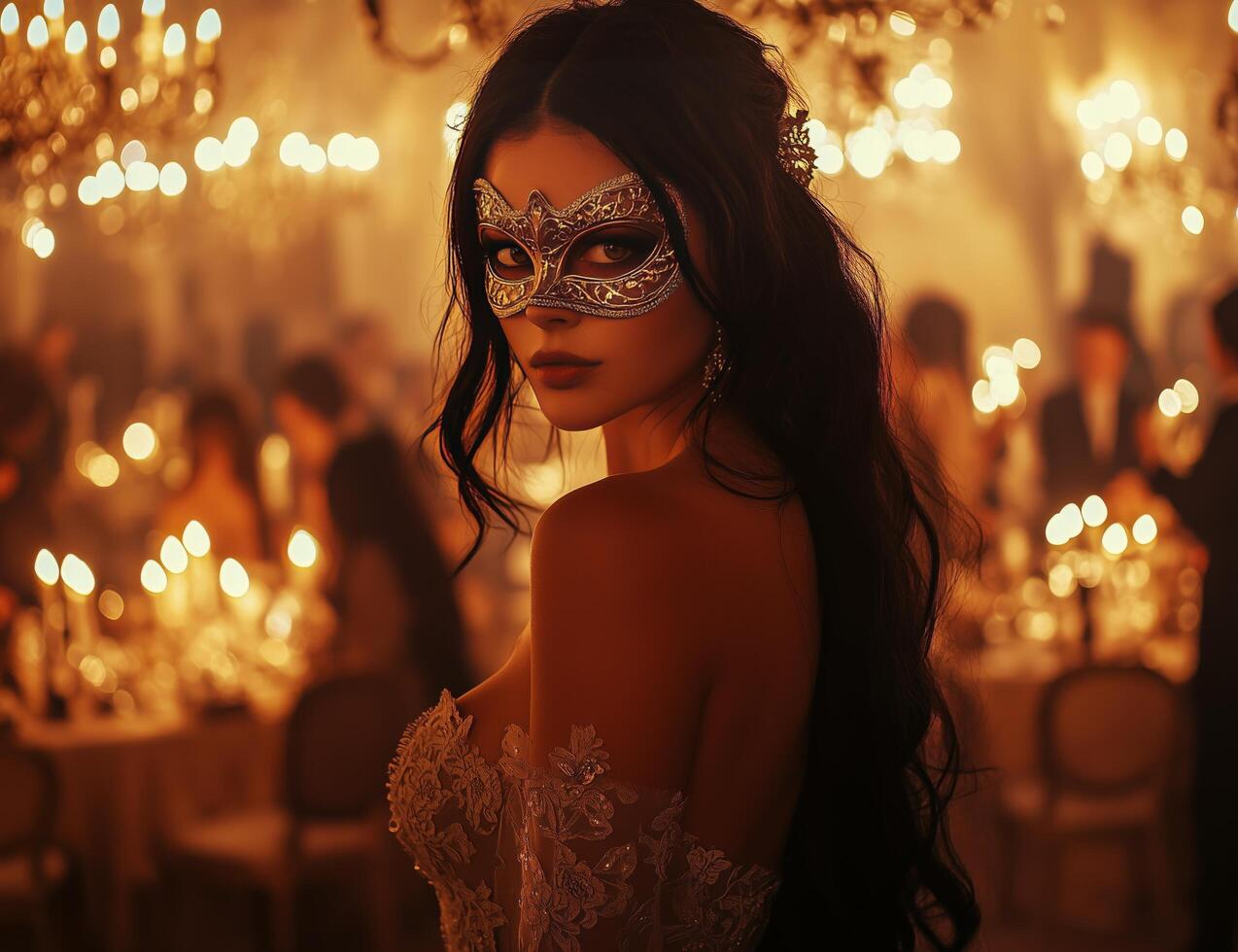 Elegant woman in a masquerade costume at a lavish evening party with candlelight photo