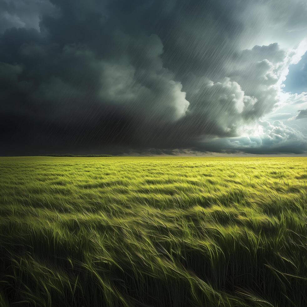 Dark storm clouds gather over a vast green field before an impending rainstorm in the late afternoon photo