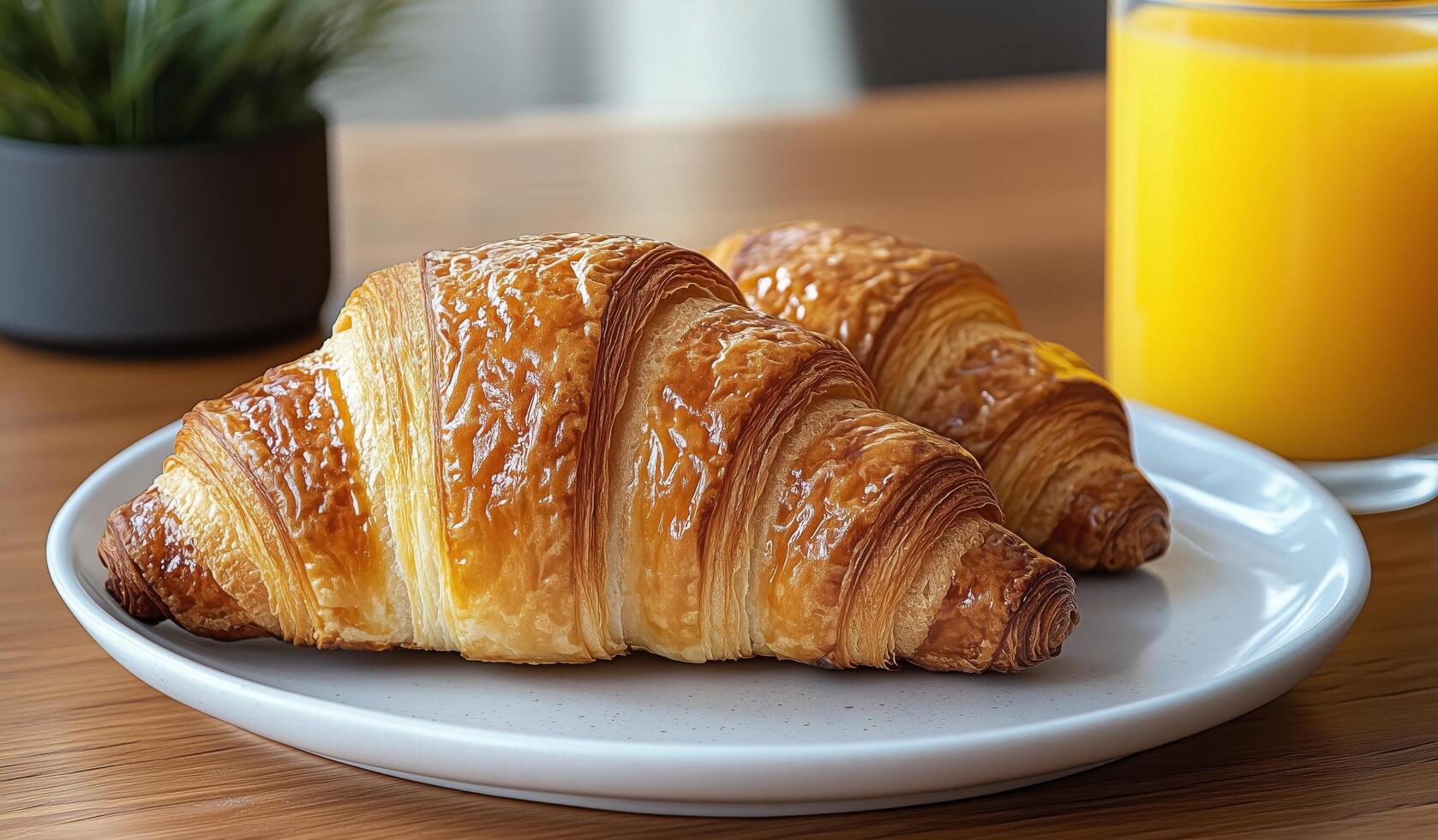 Freshly baked croissants on a plate with a glass of orange juice at a cozy caf setting photo