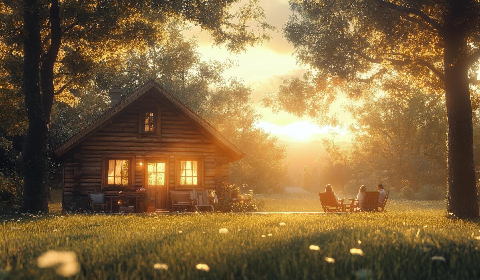 A couple sitting outside a log cabin at sunset photo
