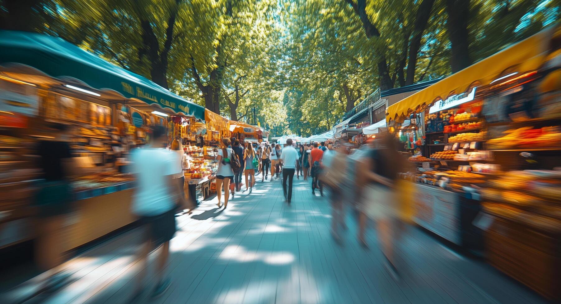 A blurry image of people walking through a market photo