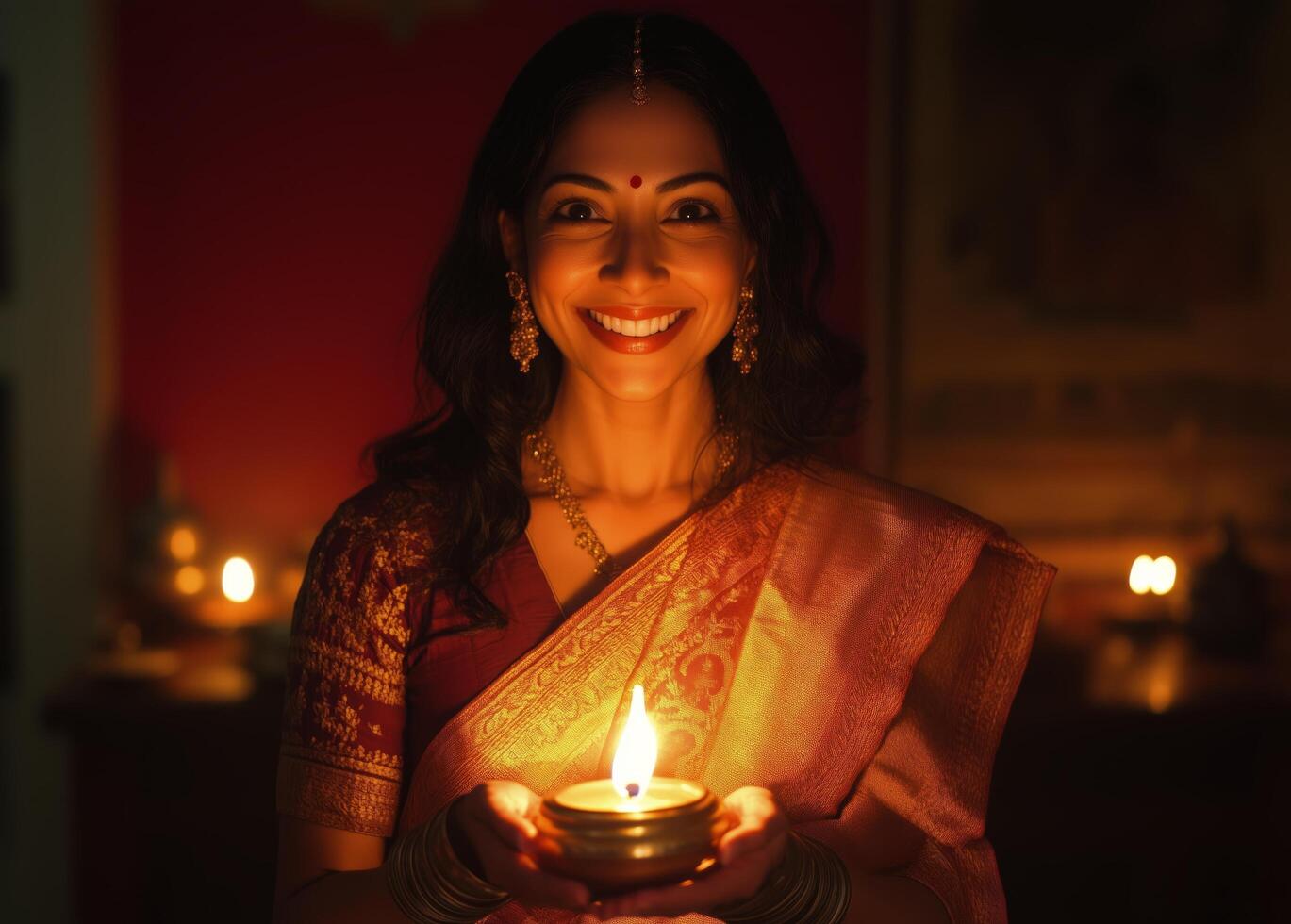 A woman in an indian sari holding a lit candle photo