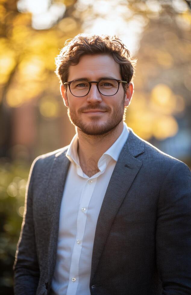 A man in glasses and a suit standing in front of trees photo