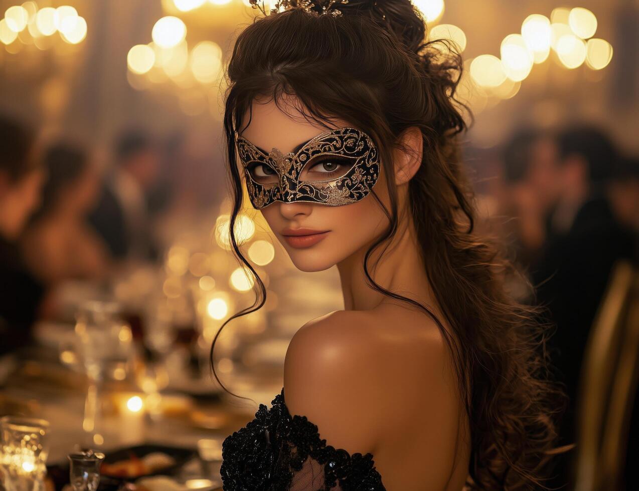 Beautiful woman in black dress with masquerade mask photo