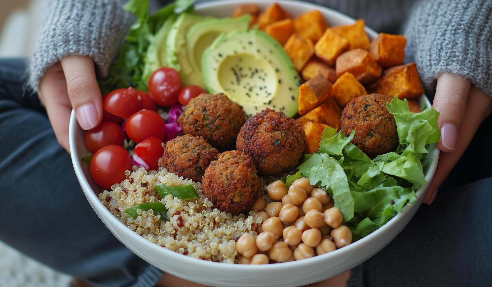 Healthy vegan bowl with colorful ingredients and protein-rich falafel on a cozy background photo