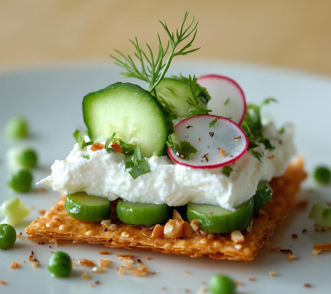 Fresh and vibrant appetizer with cucumbers, radishes, and herbs on a crunchy base photo