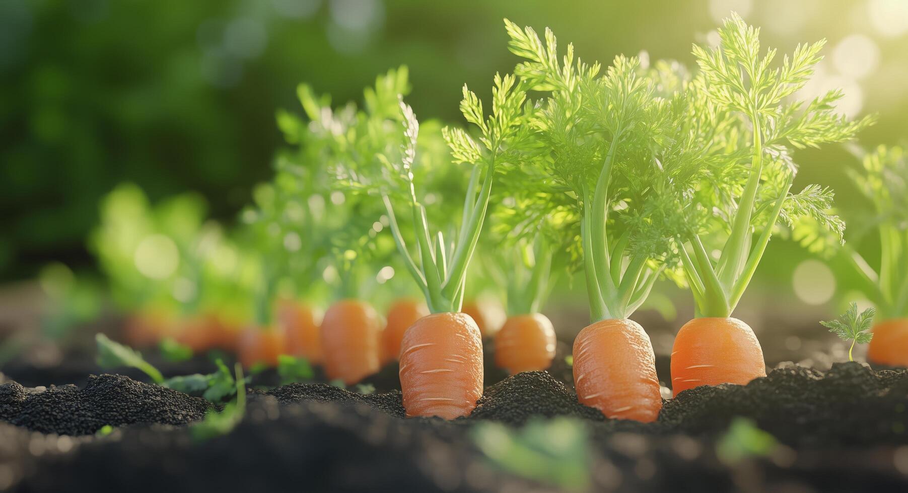 Bright orange carrots growing in well-tended garden during sunny afternoon photo