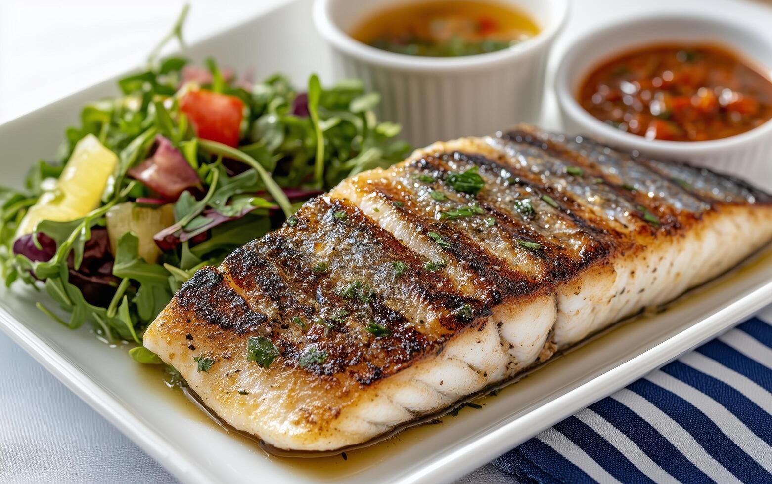 Grilled fish filet served with fresh salad and vibrant sauces on a white plate photo