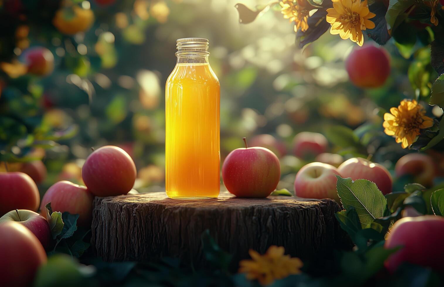 Freshly squeezed apple juice on a wooden stump surrounded by ripe apples at sunset photo
