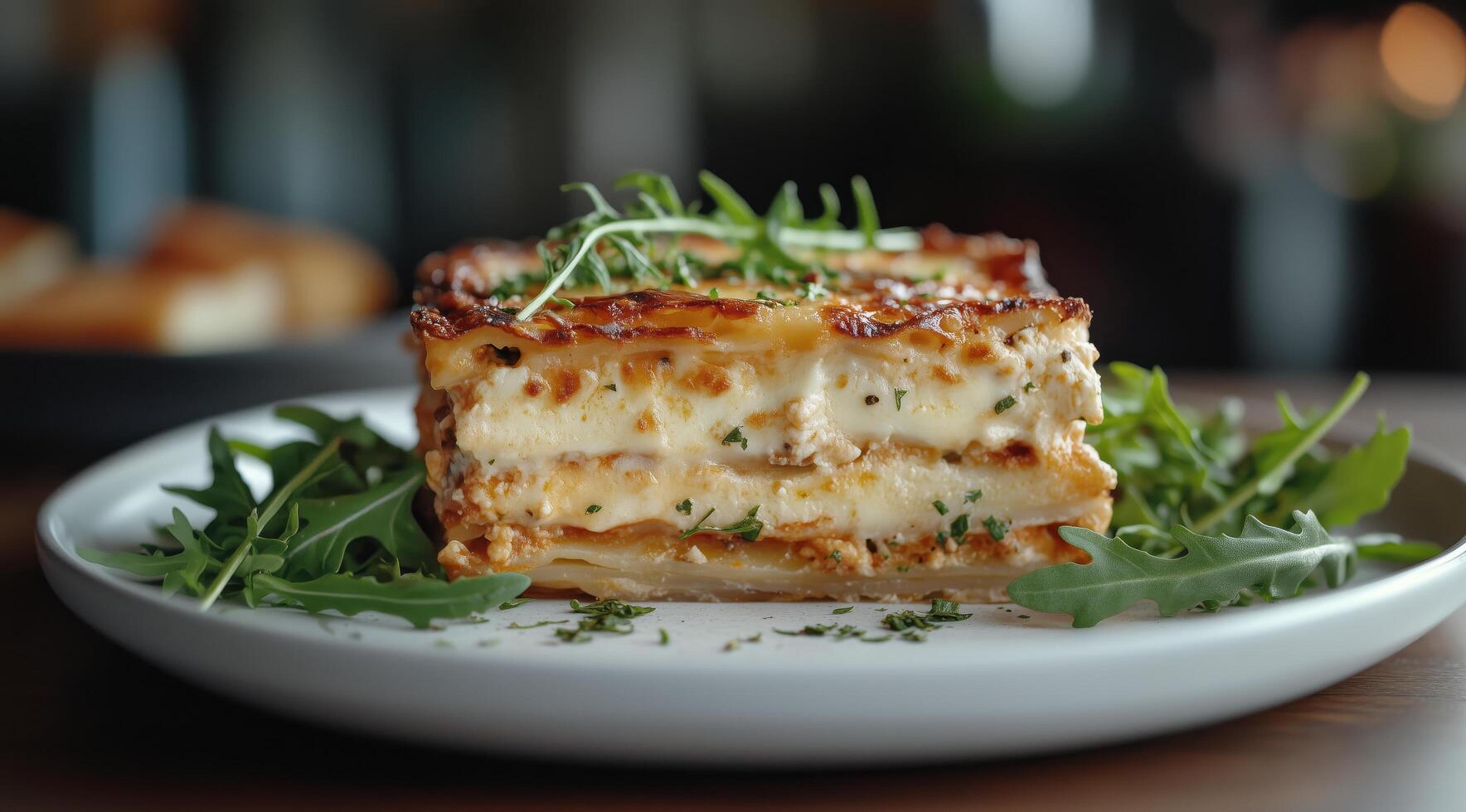 Delicious homemade lasagna served with fresh greens in a cozy restaurant setting photo