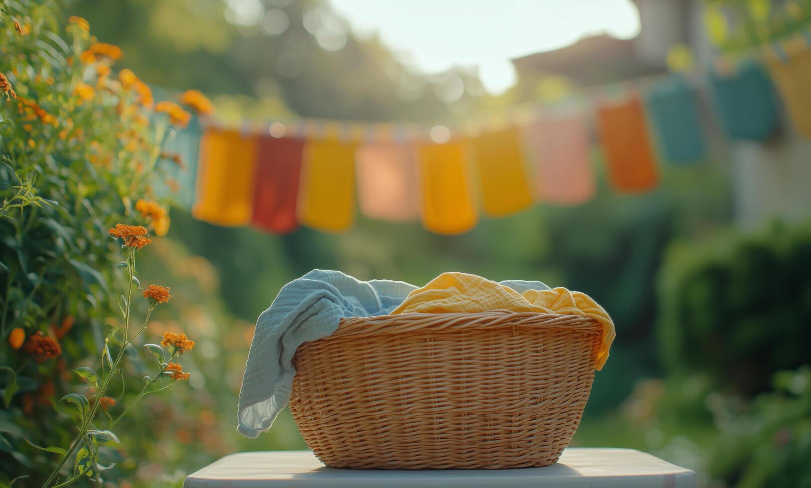 Freshly laundered clothes in a woven basket with colorful flags in a sunlit garden photo