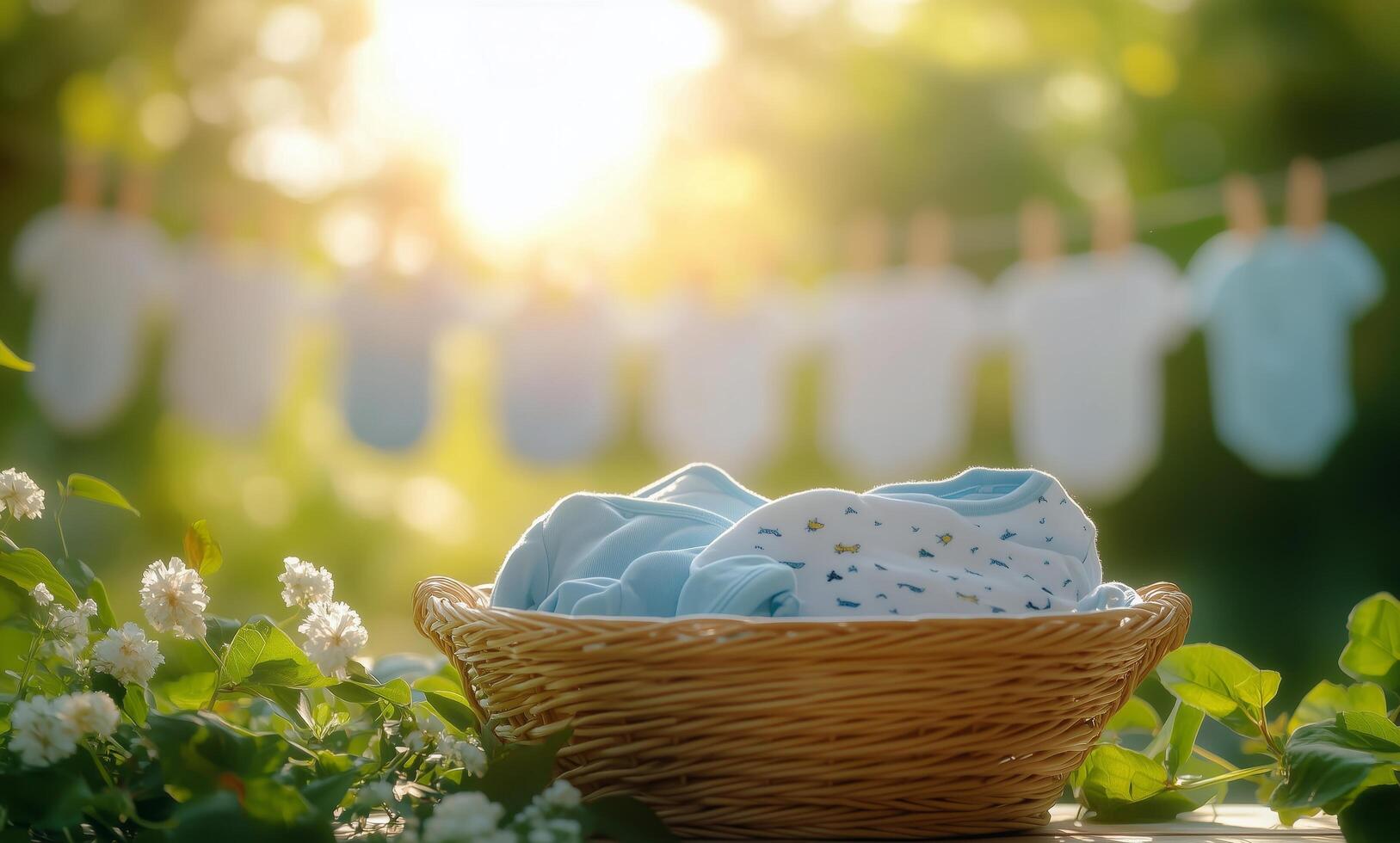 Soft baby clothes in a basket with sunshine and greenery in the background during a peaceful afternoon photo