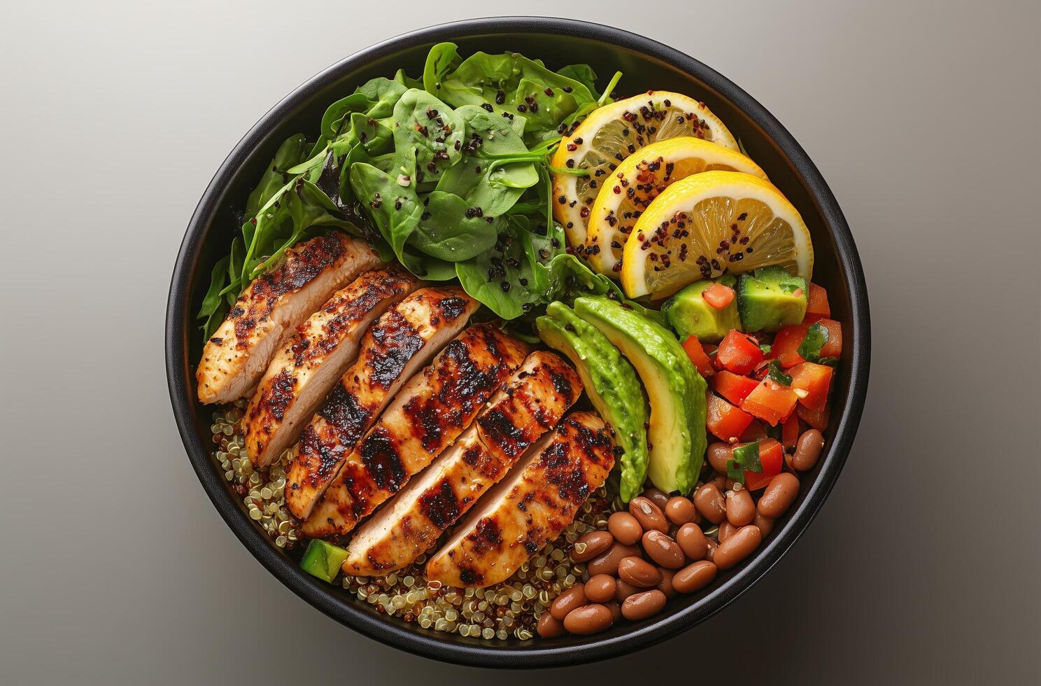 A bowl with chicken, beans, and vegetables photo