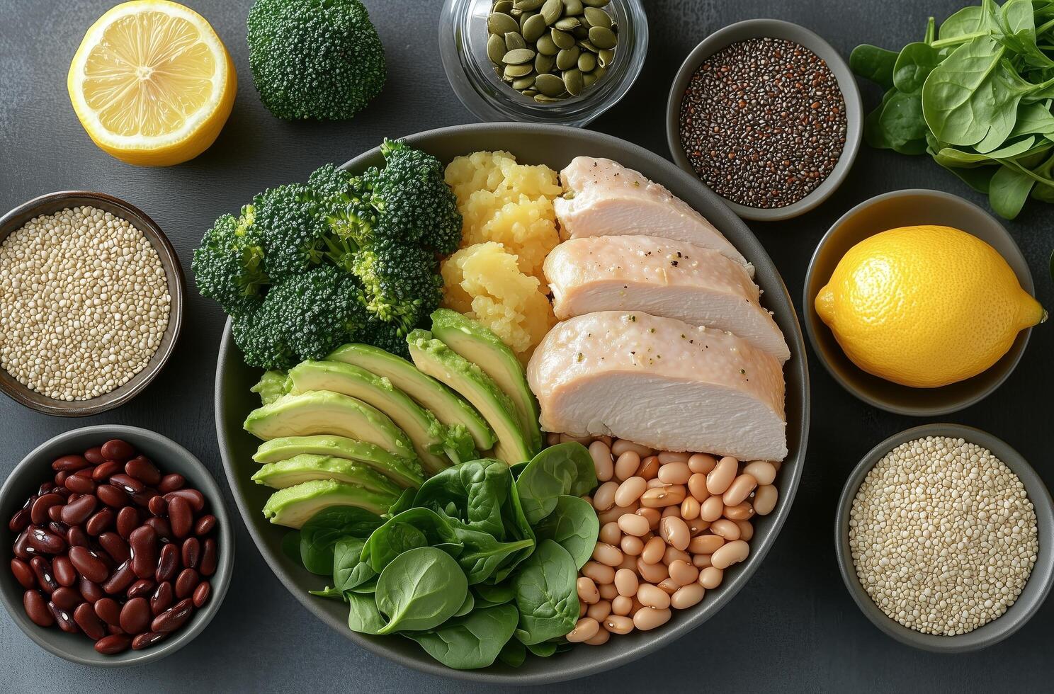 A bowl of food with chicken, broccoli, beans, spinach, and other vegetables photo