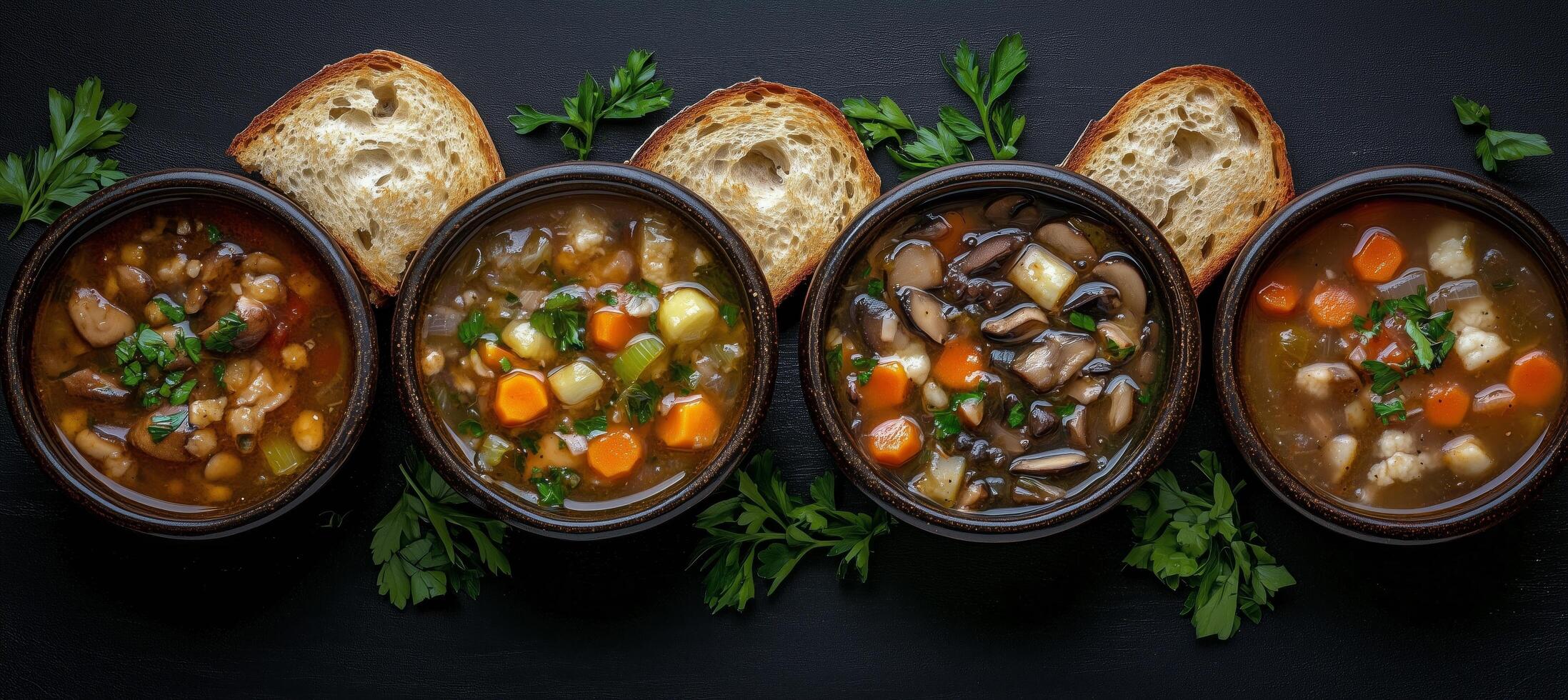 Four bowls of soup with bread on a black background photo