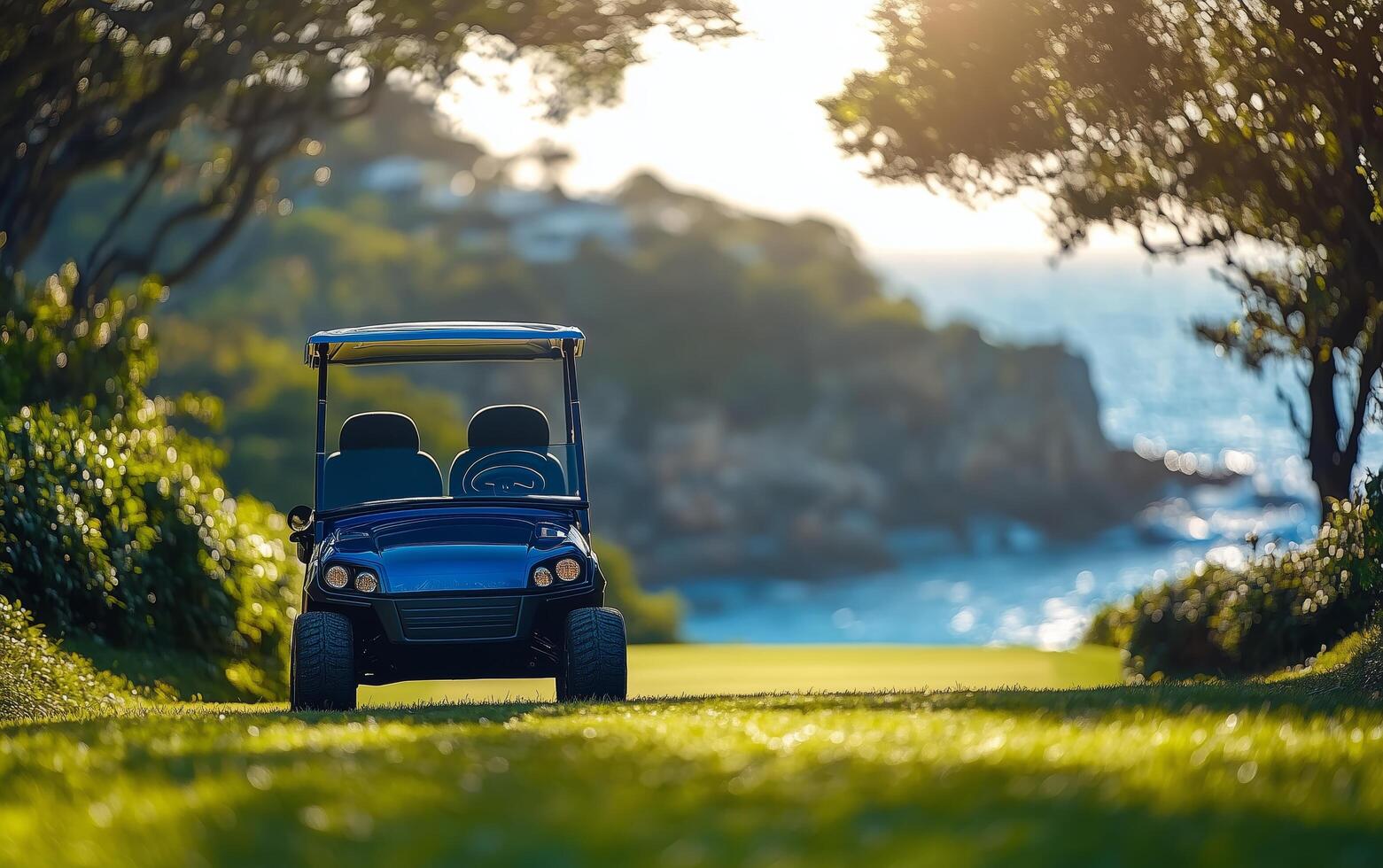 A golf cart is parked on the grass near the ocean photo