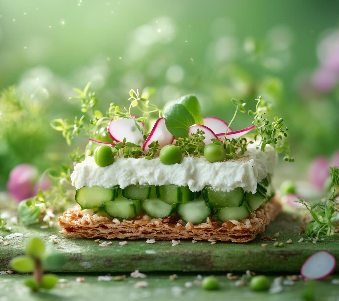 A piece of food with cucumbers and green onions photo